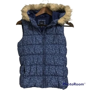 Gap Girls Blue Puffer Floral Print Sleeveless Hoodie with Faux Fur Jacket XXL - Picture 1 of 12