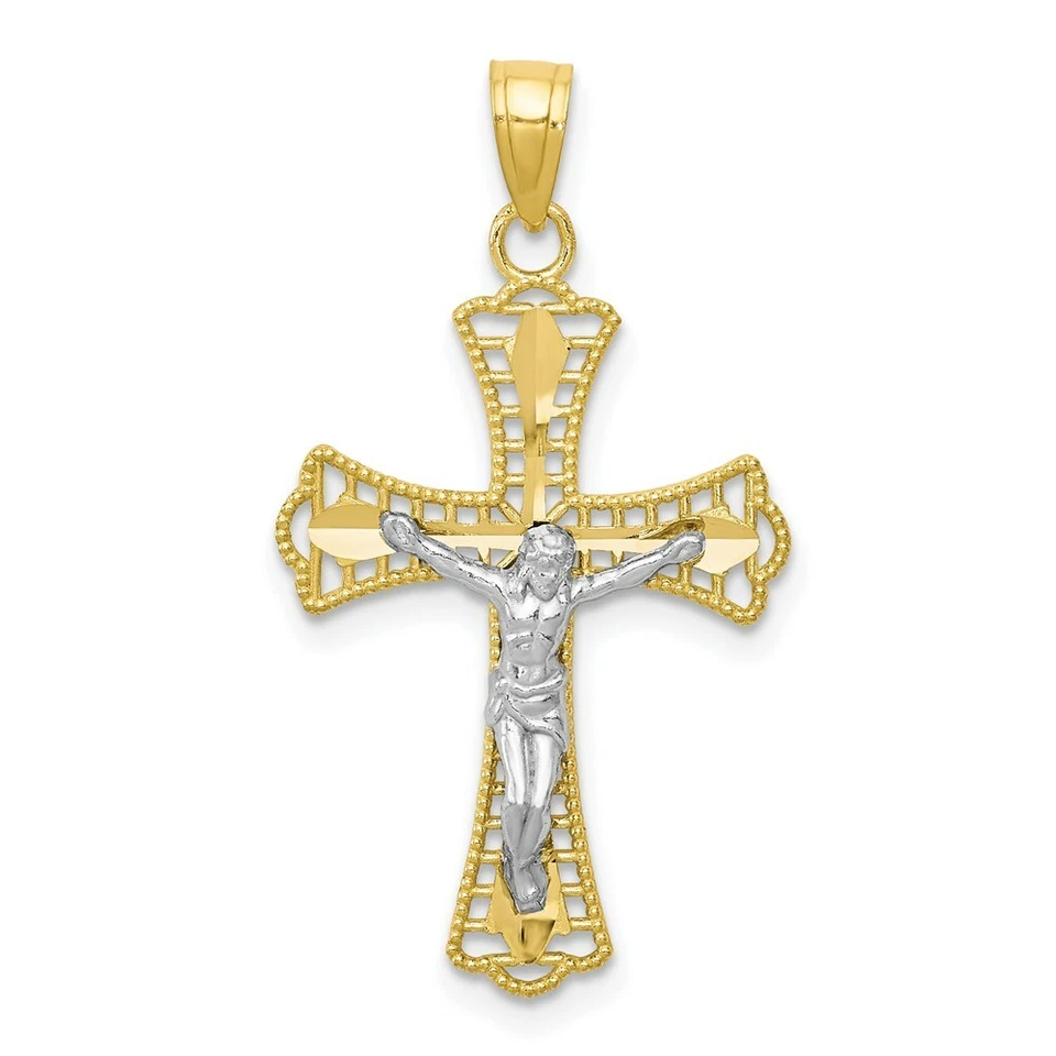 10k & Rhodium Diamond-cut Crucifix Pendant