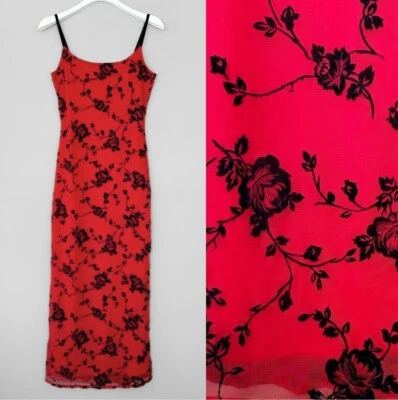 Vintage Y2K Small Red Maxi Dress Black Velvet Burnout Roses Overlay Strappy Goth - Image 1 of 4