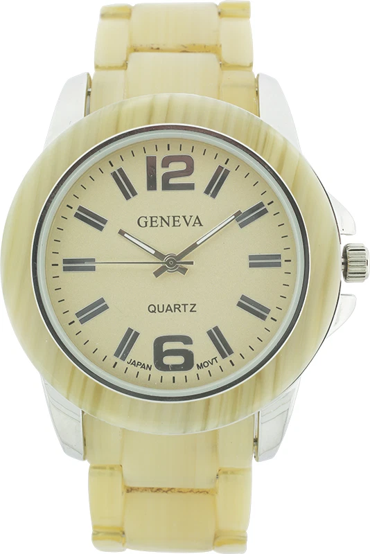 NUEVO RELOJ GENEVA CUERNO RESINA ACRÍLICA + PULSERA TONO PLATA ESFERA REDONDA Foto 1 de 1