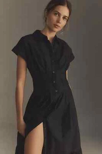 Anthropologie Short-Sleeve Pleated Shirt Dress Midi Shirtdress Black Size 2X NEW - Picture 1 of 6