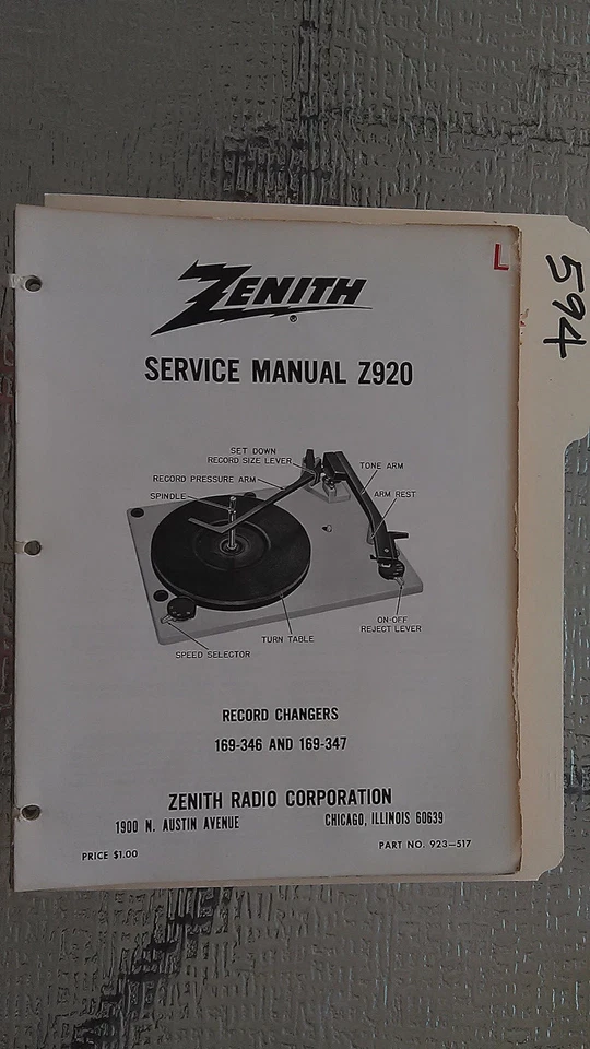 Zenith 169-346 347 service manual original repair book stereo turntable record - Image 1 of 1