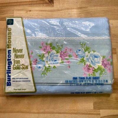 VTG Burlington House Gold Star Blue Floral Twin Flat Sheet in Sylphides Pattern - Image 1 of 4