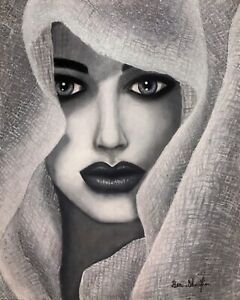 Portrait femme au voile blanc peinture acrylique