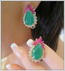 emerald ruby natural gemstone 18k yellow gold filled ladies stud earring - Picture 1 of 5