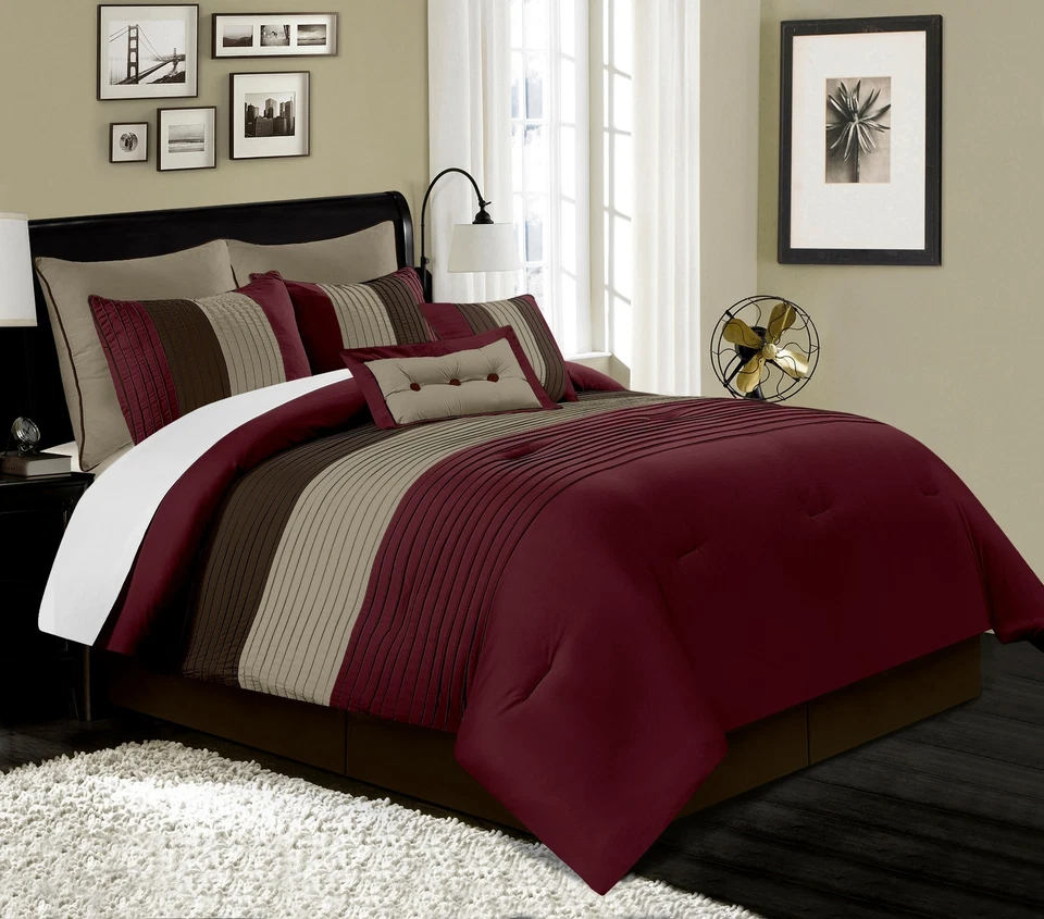 8-Piece Luxury Burgundy Brown Coffee Bedding Set Pleated Stripe Comforter Set - Image 1 of 3
