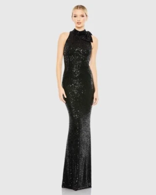 Nuevo VESTIDO MAC DUGGAL Talla 6 Negro 11280 CUELLO HALTER LENTEJUELAS Lazo Formal Nuevo con Etiquetas Foto 1 de 4