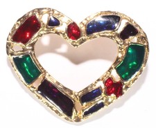 Brooch Pin - Heart Love Valentine - Green Red Blue Purple Enamel - Gold Tone