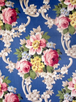 Denim Blue Pink Redoute Roses BOTANICAL FLORAL Cotton Upholstery Fabric 3 Yds. - Image 1 of 4