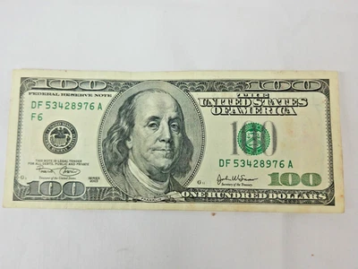 One Hundred 100 dollar bill-8- Digits broken ladder note 2003 # DF53428976A - Image 1 of 4