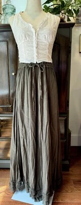 Maxi Falda Talla L XL Vintage Verde Oliva Escoba Palo Gasa Volantes Campesina Completa Foto 1 de 4