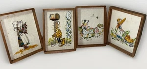 4 Finished Vintage Embroidery Girls Pictures Completed Framed 5.5x7.5 READ Below - Picture 1 of 13