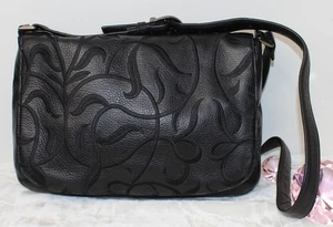 Stone & Co Black Leather Leaf Design Flap Front Crossbody Shoulder Bag Purse - Picture 1 of 18