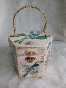 Vintage Wooden Octagon Box Purse With Metal Handle Floral Pattern - Picture 1 of 6