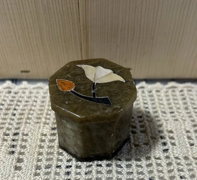 Vintage Carved Soap Stone Floral Lid Trinket Jewelry Box Mother Of Pearl Inlay - Image 1 of 4