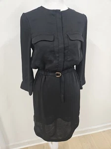 H&M Black Old Money Waist Tie Button Down 3/4 Sleeve Boss Dress Sz 2 - Picture 1 of 15