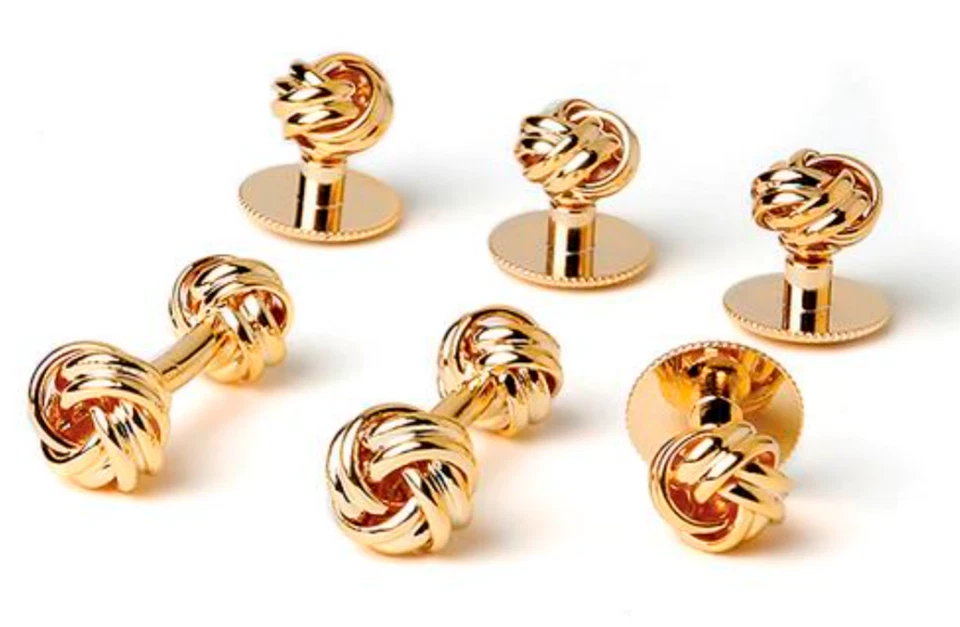 Gemelos y tachuelas doradas con nudo de cuerda de doble cara Foto 1 de 1