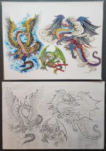 Hoja flash tatuaje vintage Paul Jeffries dragones japoneses tradicionales con líneas - Imagen 1 de 10