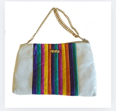 Bolso de Mano Fay Vintage Blanco Imitación Cuero Arco Iris Rayas Plisado Cadena Dorada Cartera  Foto 1 de 4