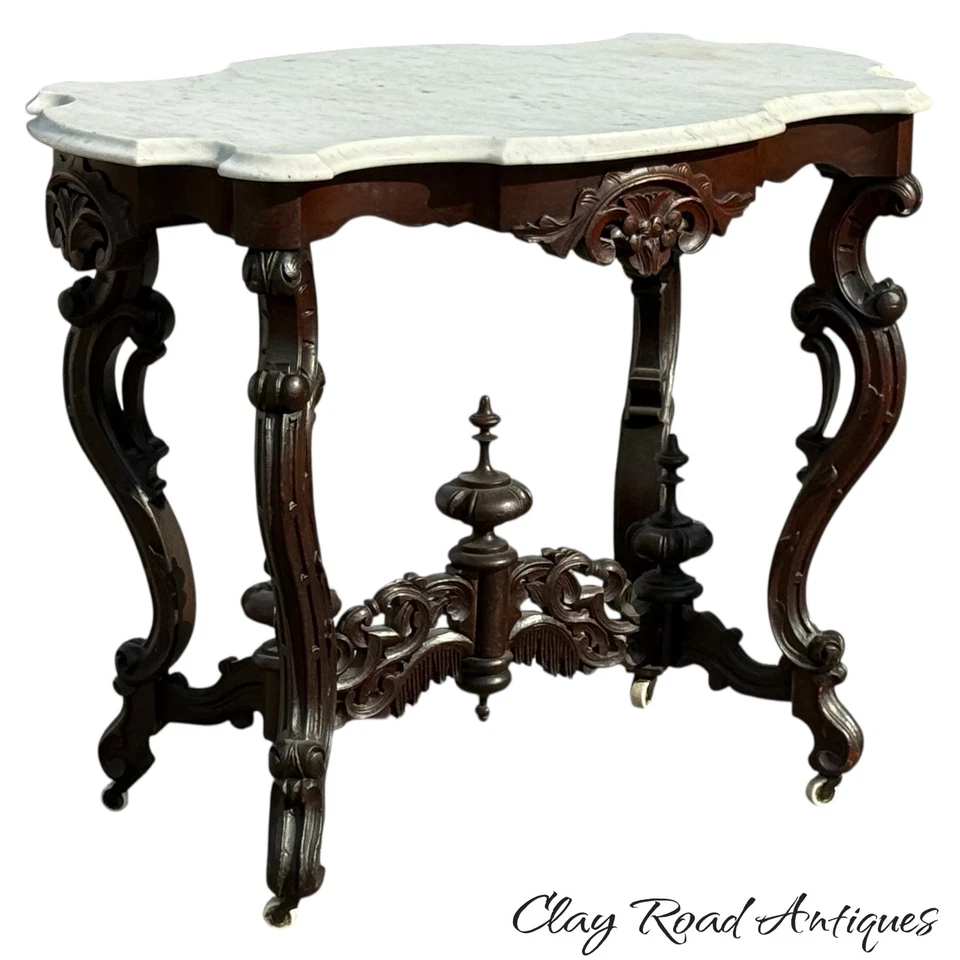 antiguo Rocco tallado caoba victoriano tortuga mármol mesa centro salón Foto 1 de 4