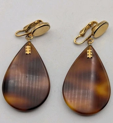 Faux Tortoise Shell Resin Tear Drop Earrings Clip On - Image 1 of 3