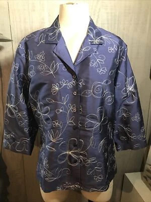 Carol Little Chaqueta Seda Azul Bordada Blazer Manga 3/4 Talla L Foto 1 de 4