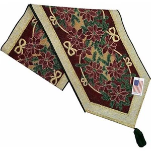 Manual Star Table Runner Christmas Poinsettia Ribbon Tapestry Red Shiny G Thread - Picture 1 of 2