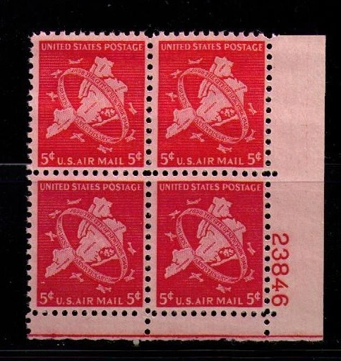 US USA Sc# C38 MNH FVF PLATE# BLOCK Map of Five Boroughs Circular Band & Planes - Image 1 of 1