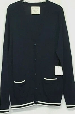 Cárdigan suéter Five Four Nick Wooster para hombre talla mediana azul marino algodón ribete blanco Foto 1 de 4