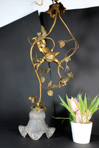 Antique French Zamac metal pendant lamp chandelier putti cherub angel lamp Cover