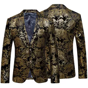 Luxury Men Gold Foil Print Velvet Suit Blazer Jacket Coat Slim Dinner Prom Party - Picture 1 of 10
