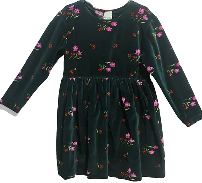 NIÑAS TALLA SM VESTIDO ESCOLAR FIESTA ~ TERCIOPELO VERDE con PEQUEÑAS FLORES ROSAS L/S por GAP ~ USADO EN EXCELENTE ESTADO Foto 1 de 4