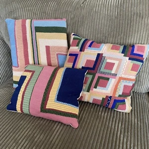 Vintage Geometric Needlework Pillows Handmade Set Of 3 Lumpy - Picture 1 of 7