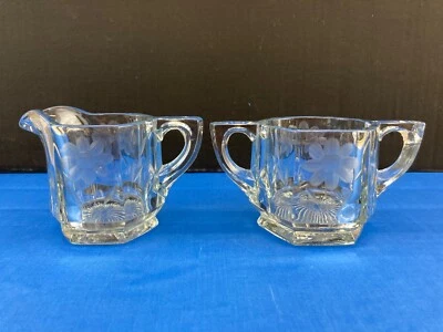Juego de crema de cristal y azúcar - Grabado con diseño de flores - Pesado y grueso - De colección Foto 1 de 4