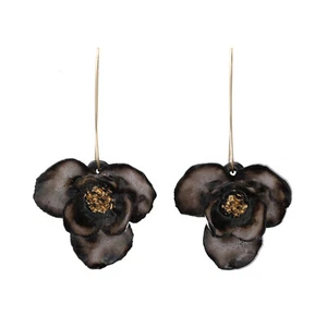 Handmade "Black Swan" Porcelain 6 Leaf Medium 1.6" Flower Dangle Drop Earrings - Picture 1 of 2