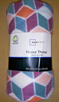 MainStay Geometrical Cubes Aquamarine, orange, mauve Theme 50x60 fleece throw - Image 1 of 3