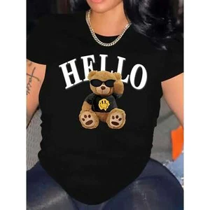 Women's T-Shirt with Cute Bear Print - HELLO Design, Stretch Round Neck clothes - Picture 1 of 12