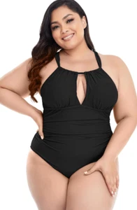 Kona Sol Swim 1 Piece Black Slimming High Neck Keyhole Neck Swimsuit 24W NWT - Picture 1 of 8