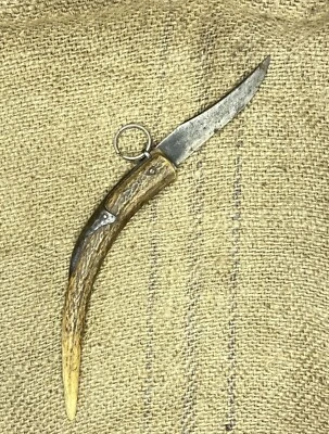 ANILLO ANTIGUO TIRAR CUERNO DE CIERVO PLEGABLE CAZA NAVAJA ESPAÑOL CUCHILLO LARGO Foto 1 de 4