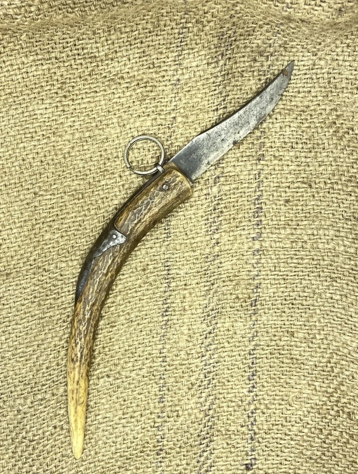 ANILLO ANTIGUO TIRAR CUERNO DE CIERVO PLEGABLE CAZA NAVAJA ESPAÑOL CUCHILLO LARGO Foto 1 de 4