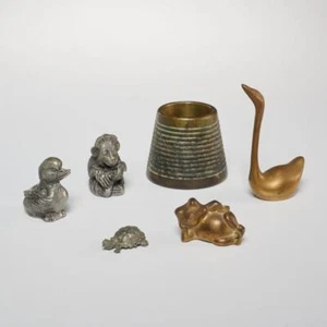 Brass Pewter Goose Duck Monkey Frog Turtle Animal Paperweight Figurine 6pc Lot - Picture 1 of 10