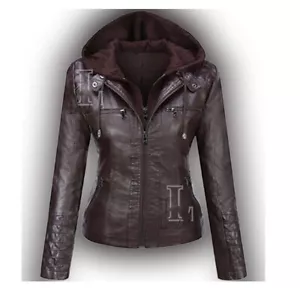 Handmade Women Brown Removable Hood Slim Fit Biker Real Leather Jacket, Sale !!! - Picture 1 of 4