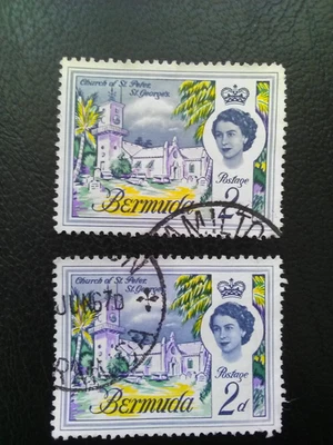 BERMUDA USED  STAMPS 1962-8 BUILDINGS 2d  CHURCH OF ST PETER SG164 & SG164D. - Image 1 of 2