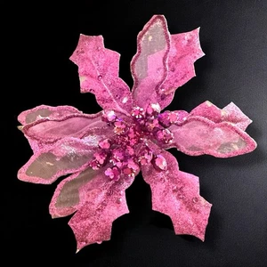 Flower Fascinator Hair Clip Pink Glitter Poinsettia Rhinestone Accents Vintage - Picture 1 of 10