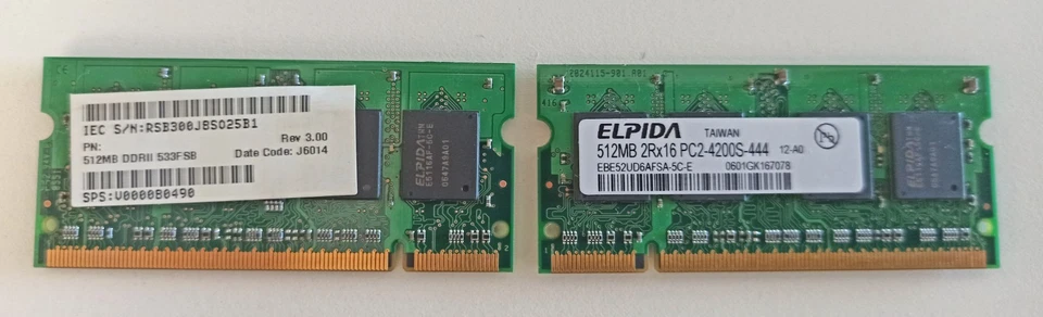 ELPIDA 2 MODULI MEMORIA RAM 512MB 2Rx16 PC2-4200S-444 DDR2 EBE52UD6AFSA-5C-E - Immagine 1 di 1