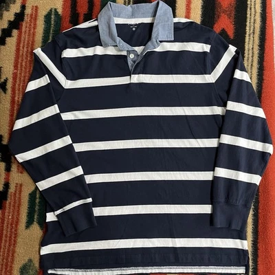 J Crew Rugby Shirt Womens 2XL Mens L Long Sleeve Navy Stripe 90s Y2k Chambray - Image 1 of 4