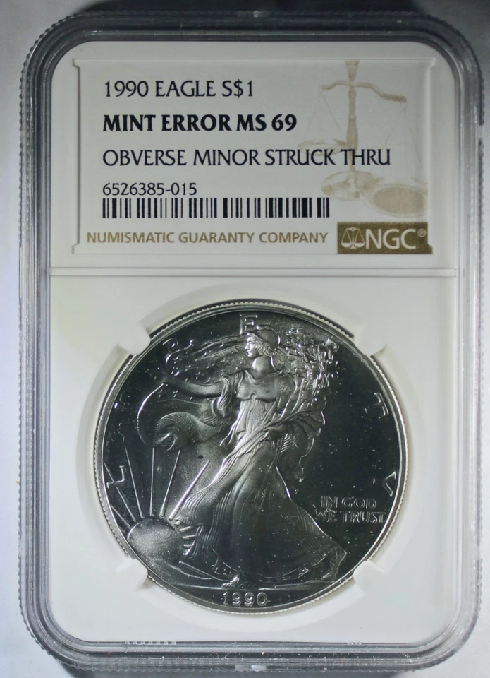 American Silver Eagle 1990 - error de acuñación anverso golpeado - NGC MS-69 Foto 1 de 4