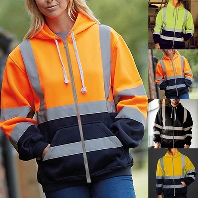 Men Casual Hooded Sweatshirt Reflective Strips Workwear Fleece Jacket Outerwear - Image 1 of 4