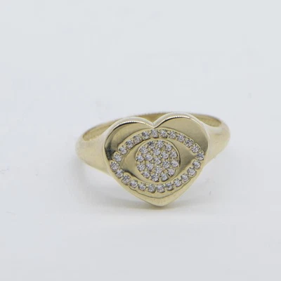 Evil Eye Heart Signet Ring Solid Real 10K Yellow Gold All Sizes - Image 1 of 4