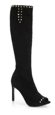 Stuart Weitzman Topeka Studded Stretch Suede Peep Toe Knee High Boots US 6 NEW - Image 1 of 4